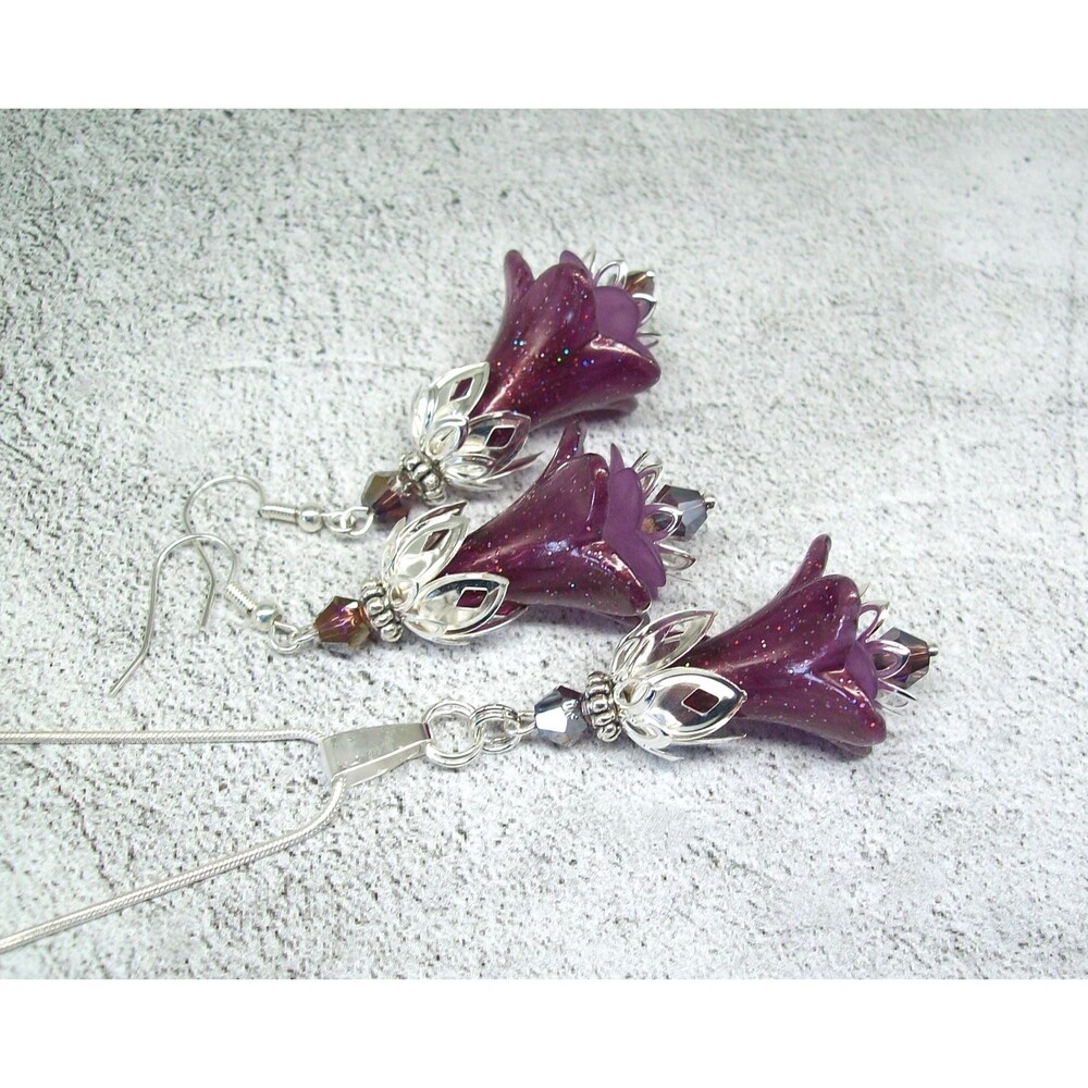 Boho Jewelry Set, Flower Earrings & Matching Necklace, Silver, Floral Gifts for